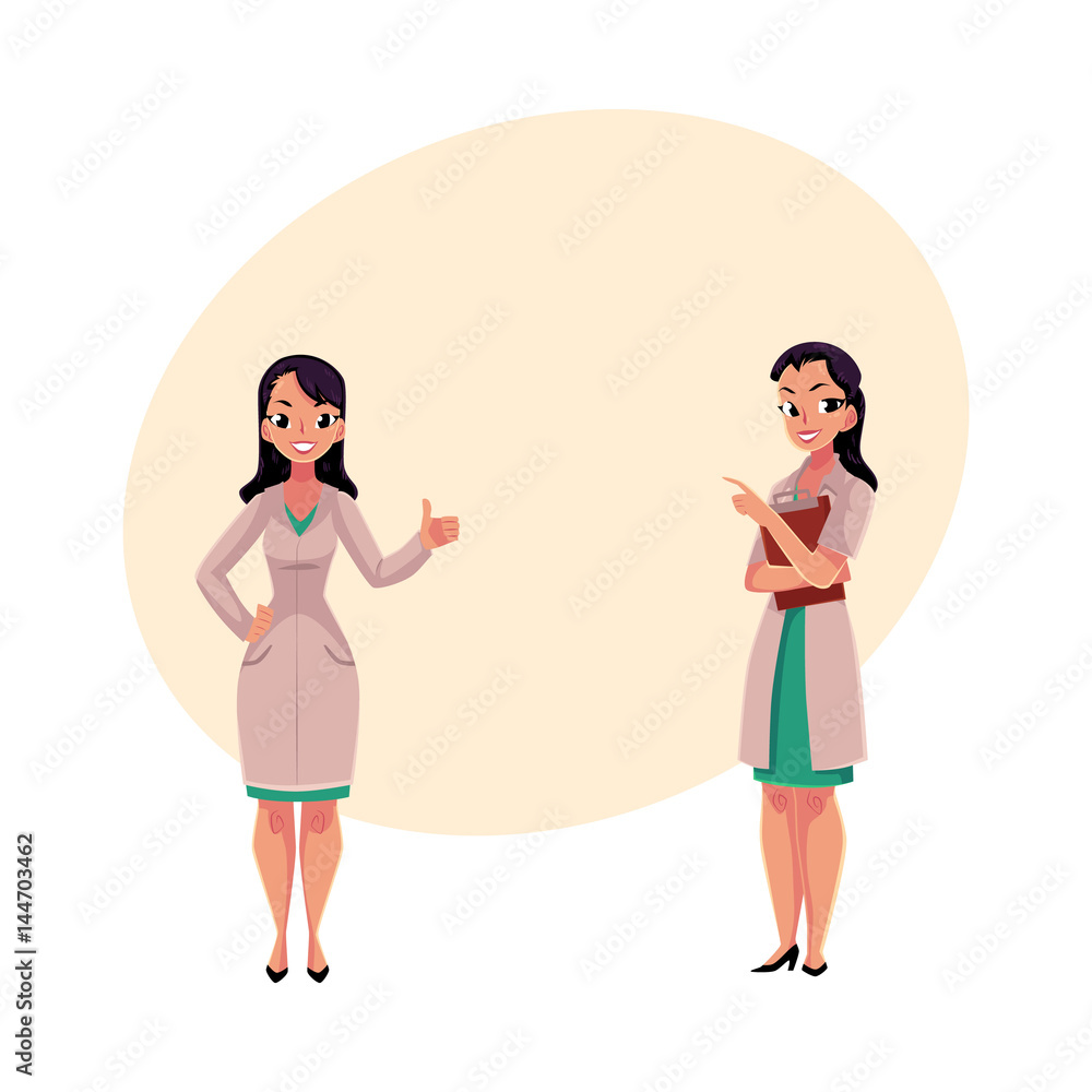 Two female, woman doctors in white medical coats, one showing thumb up, another holding clipboard, cartoon vector illustration with space for text. Full length portrait of two female doctors Two female, woman doctors in white medical coats, one showing thumb up, another holding clipboard, cartoon vector illustration with space for text. Full length portrait of two female doctors