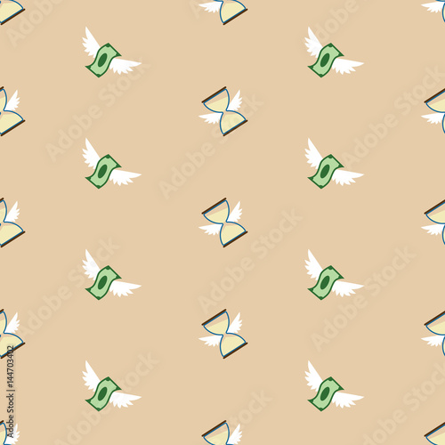 Seamless vector pattern of flying paper money and hourglass