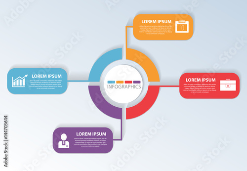 Vector illustration. Template with four colored geometric shapes of rectangles with arrows and circle for infographics, business, presentations, web design, concept of launching with 4 options, steps