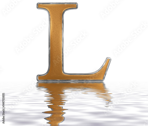 Roman numeral L, quinquaginta, 50, fifty, reflected on the water surface, isolated on  white, 3d render photo