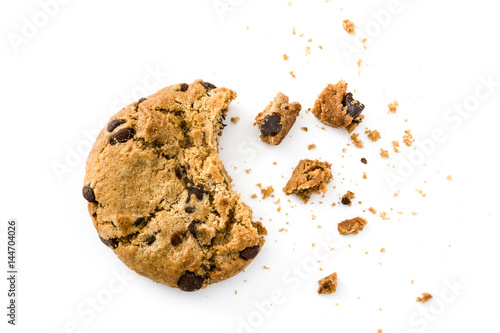 Chocolate chip cookies and crumbs isolated on white background.Top view
