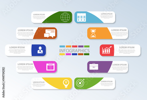 Vector illustration. Template with ten colored geometric figures of rectangles for infographics, business, presentations, web design, the concept of launching with 10 options, steps. Text and icons