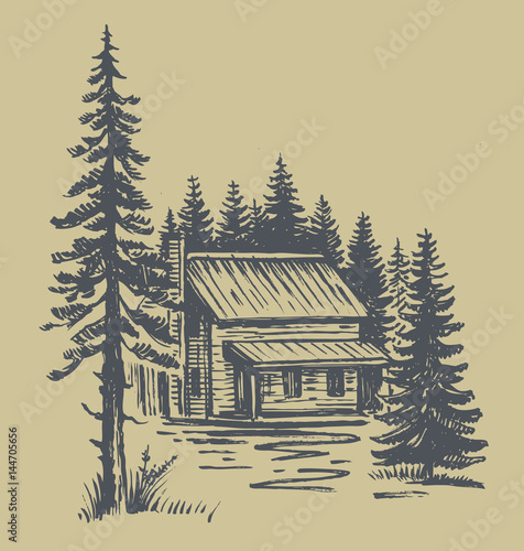 mountain landscape vector with cabin