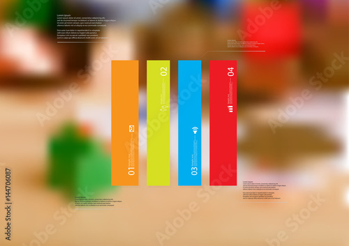 Illustration infographic template with rectangle vertically divided to four standalone color parts