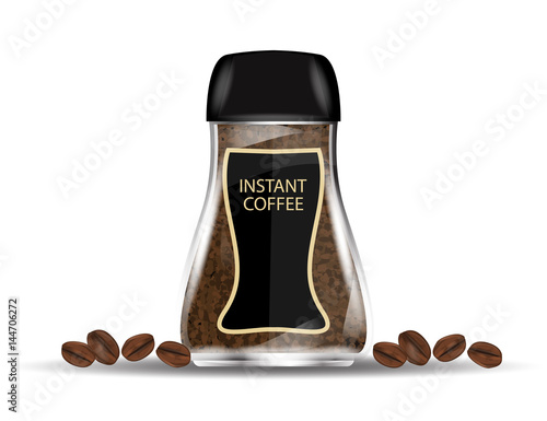Coffee Glass Jar with Instant Coffee Granules and Coffee Beans Isolated on White Background.