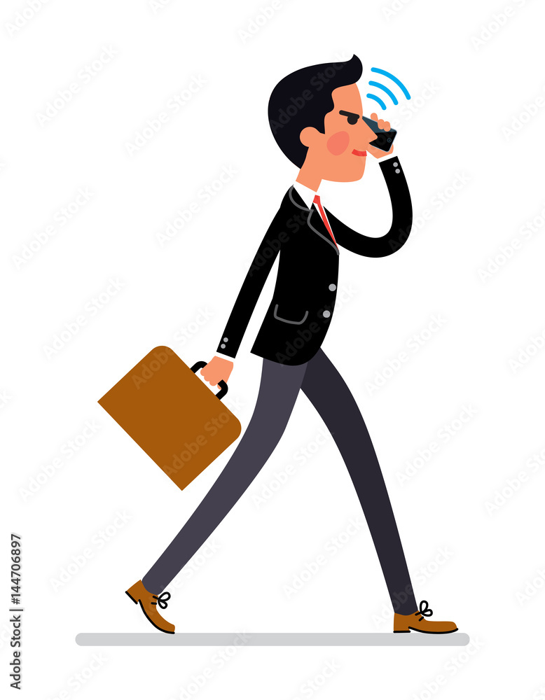 Cartoon style Business man talking by mobile phone and walking to work.  Vector illustration. Stock Vector | Adobe Stock