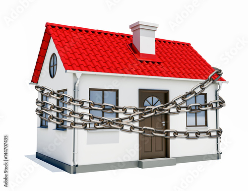 House with a red roof is wrapped in metal chain