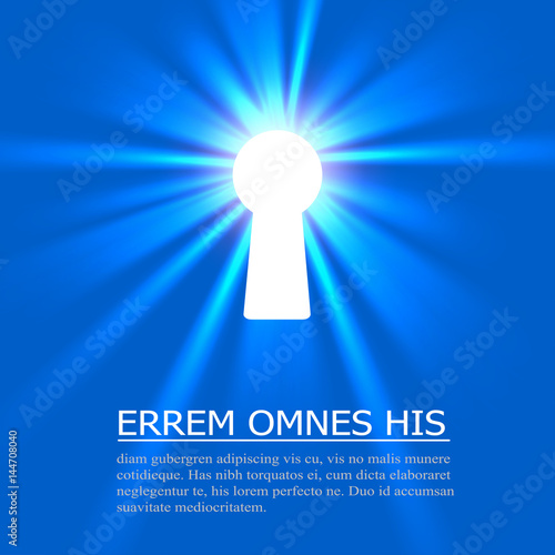 Keyhole lighting with key and place for text on blue background. Vector illustration.
