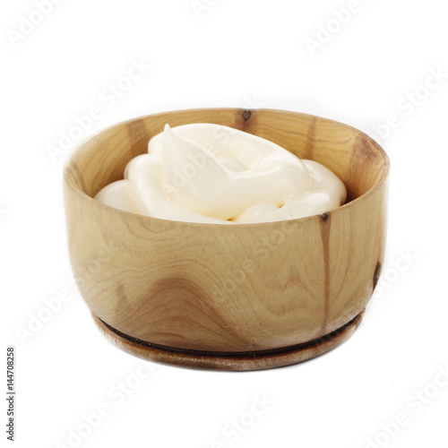 mayonnaise in wooden cup isolated