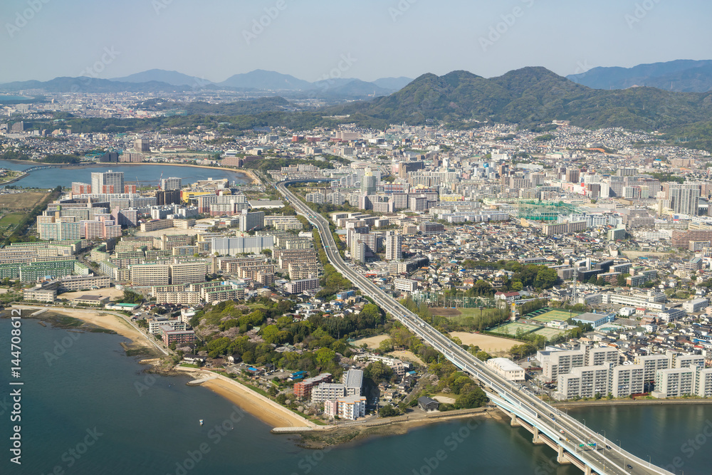 Naklejka premium Aerial view of Fukuoka City in Fukuoka, Japan. (福岡航空写真)