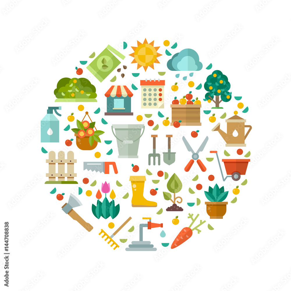 Gardening design with garden tools, vegetable seeds and flowers vector icons