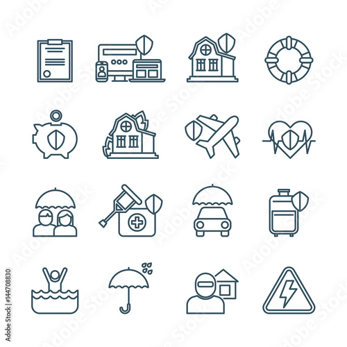 Life, house and car insurance thin line vector icons