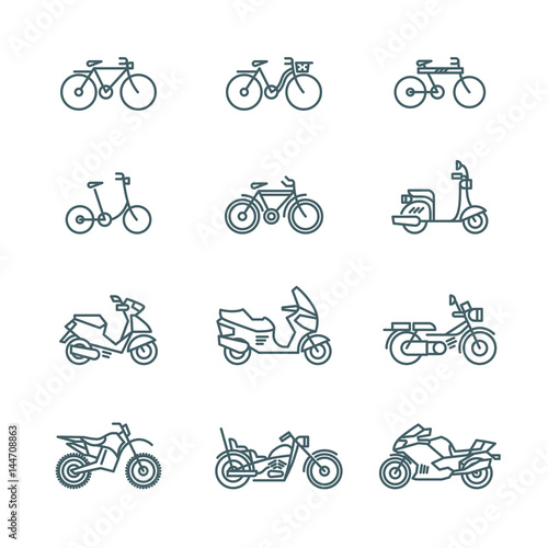 Motorbike, motorcycle, scooter, bike, bicycle thin line vector icons