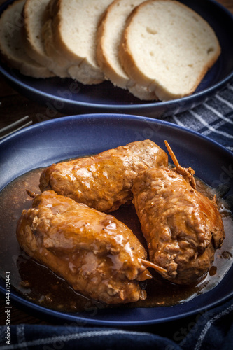 Tasty roulades beef on plate.