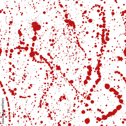 Vector seamless pattern with red blood drips and spots on white background.