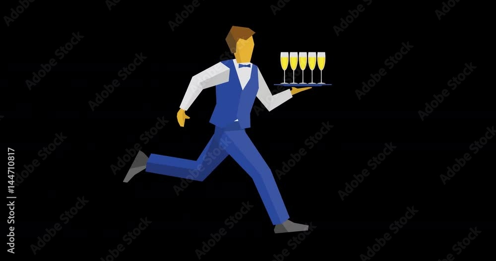 Cartoon waiter in blue vest and trousers running with champagne on tray. Catering concept. Simple animation with alpha channel. Person for restaurant or cafe logo. Cartoon waiter in blue vest and trousers running with champagne on tray. Catering concept. Simple animation with alpha channel. Person for restaurant or cafe logo.