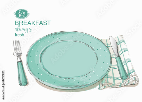 Empty plate with ivory-colored design with knife and fork