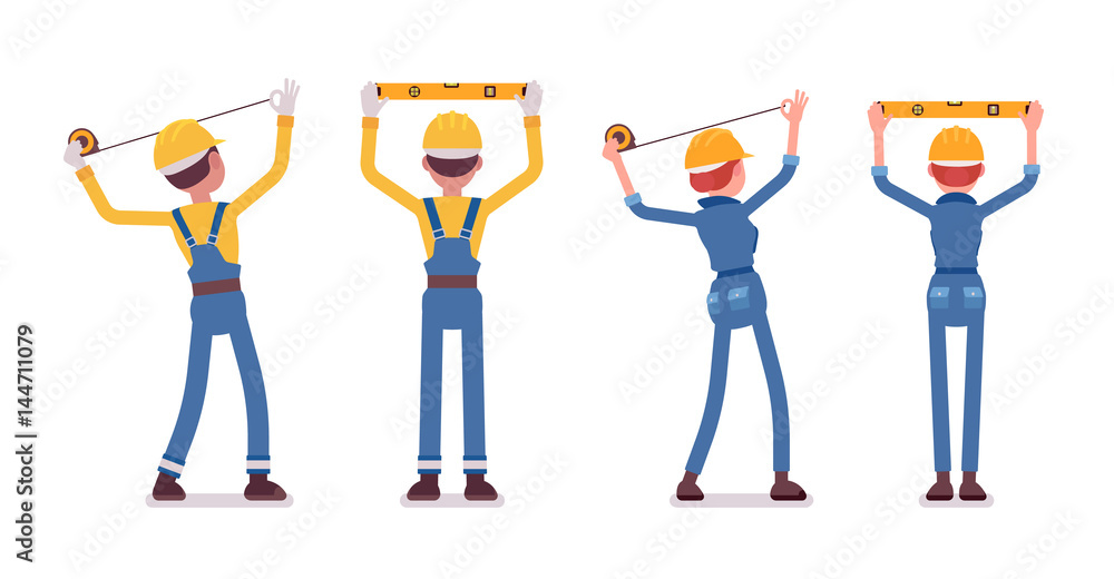 Set of male and female worker doing measurement Set of male and female worker doing measurement