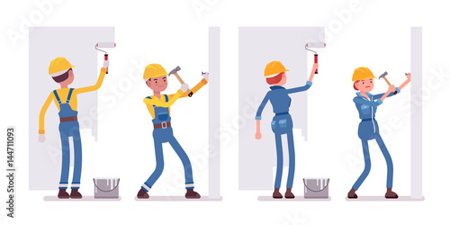 Set of male and female worker working with walls