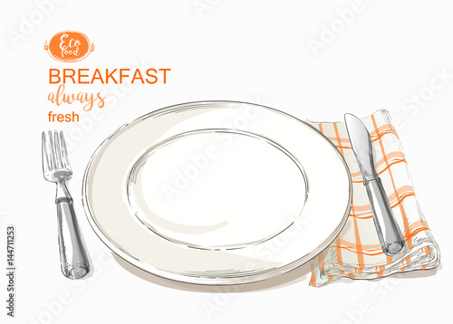 Empty plate with ivory-colored design with knife and fork