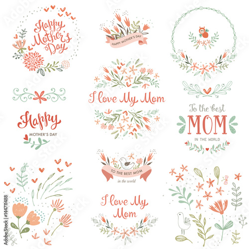 Mother's Day set with typographic design elements. Hand drawn flowers, plants, branches, wreaths and frames, floral bouquets and compositions, decorative birds and banners. Vector illustration.