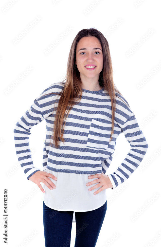 Teenager girl with striped t-shirt and her hands Teenager girl with striped t-shirt and her hands