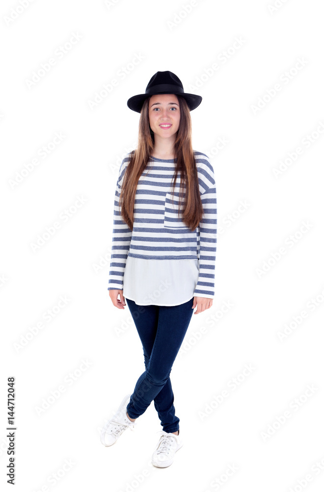 Full portrait teenager girl with a black hat and striped t-shirt Full portrait teenager girl with a black hat and striped t-shirt