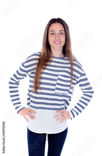 Teenager girl with striped t-shirt and her hands