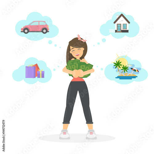 Woman with dreams. Funny cartoon character with money dreams of car, house and relax.