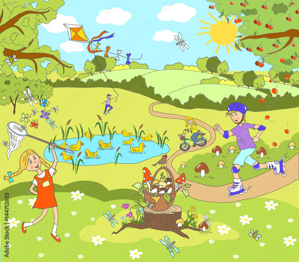 Obraz premium Card, children's illustration, summer warm day in the country. Children play, the girl catches butterflies the boy rolls on rollers, lets a kite fly. In the picture, ducks in a pond 