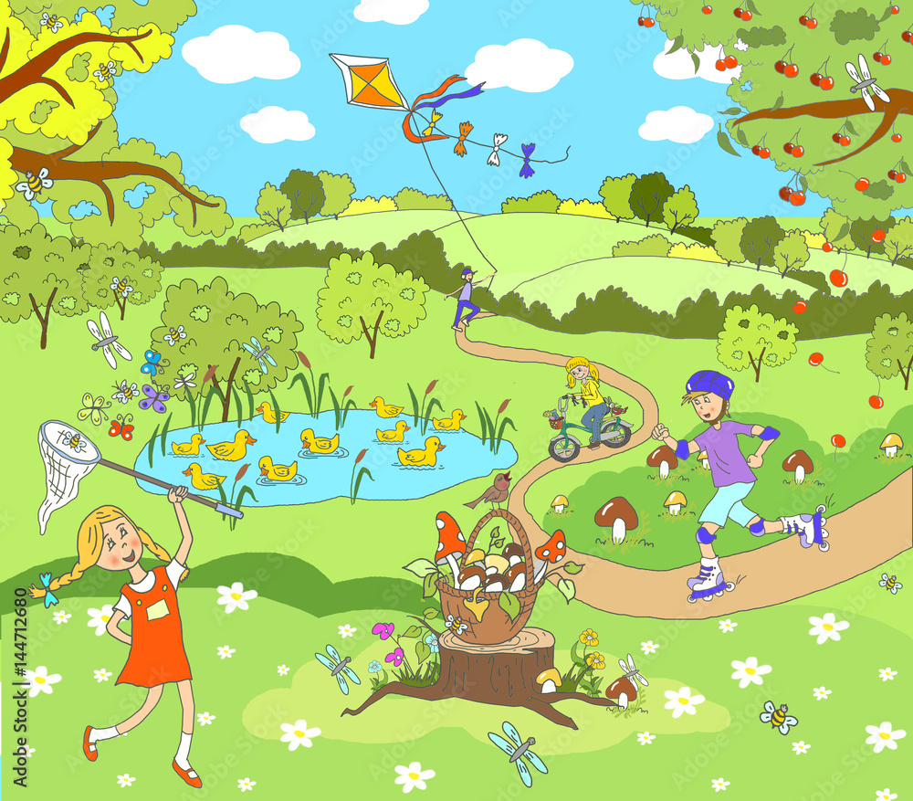 Obraz premium Card, children's illustration, summer warm day in the country. Children play, the girl catches butterflies the boy rolls on rollers, lets a kite fly. In the picture, ducks in a pond 