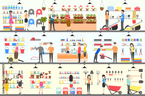 Home and garden store interior set. Furniture and garden tools.