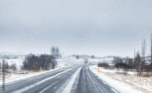 Snowy Icelandic road perspective
