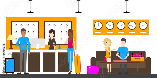 Reception in hostel. Visitors with luggage and new keys.