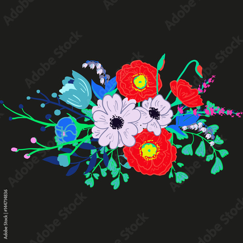 Vector rustic flowers composition. Bright spring flowers bouquet. Hand drawn vibrant flowers for wedding invtations and greeting cards. photo