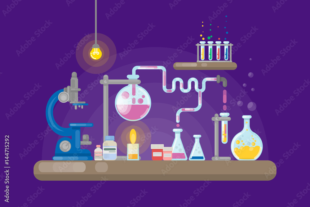 Science laboratory on purple background. Tubes and lamps. Stock Vector |  Adobe Stock