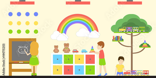 Kids playing in kindergarten. Children with toys
