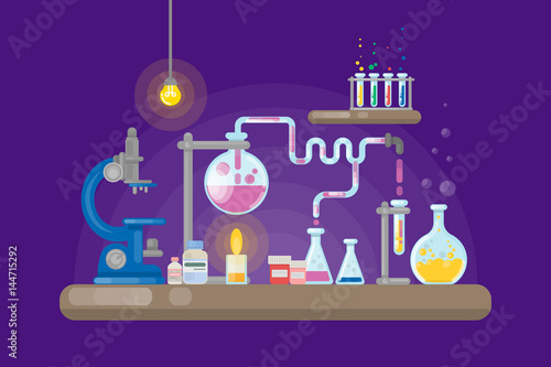 Science laboratory on purple background. Tubes and lamps.