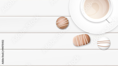 Pastel white morning background vector illustration with coffee cup and chocolate