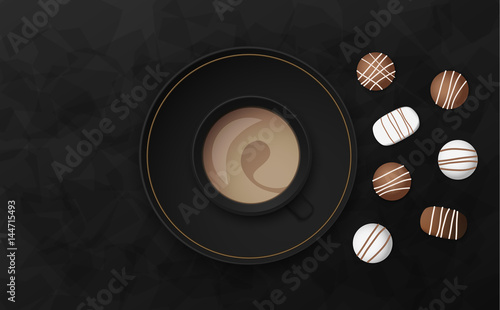 Luxury black background vector illustration with coffee cup and chocolate