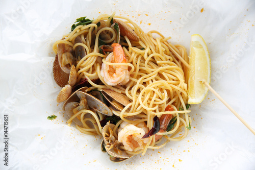 Seafood pasta Spaghetti with Clams, Prawns, Italian food