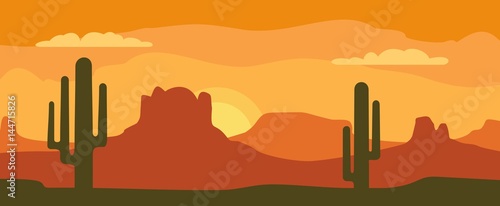 Panorama mountains and sunset sky with cactus. Vector flat illustration