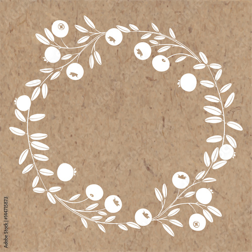 Round frame with cranberry. Nature wreath. Vector illustration with space for text on kraft paper.