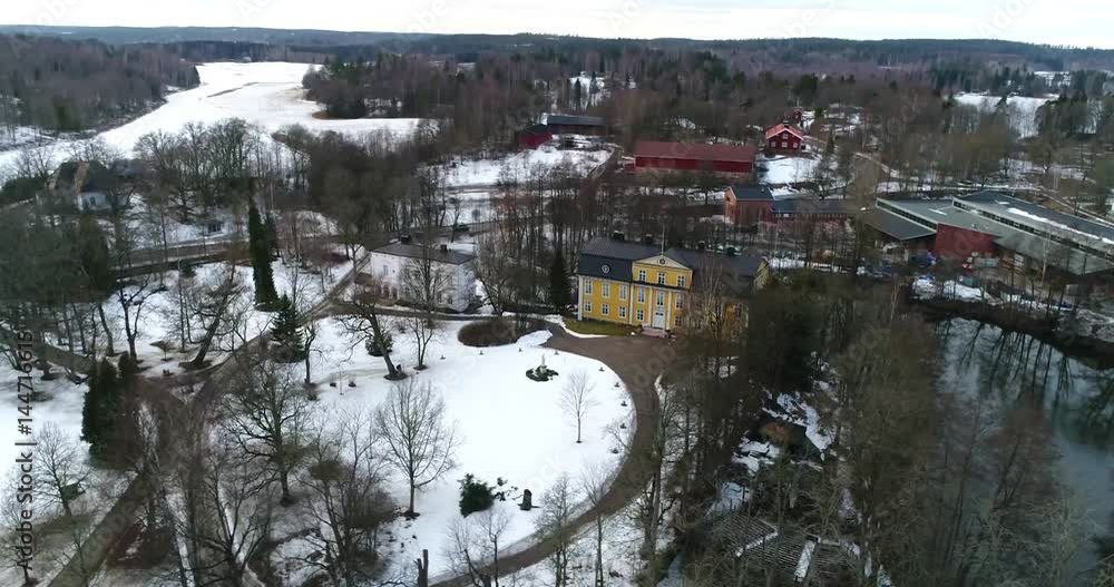 Mustio mansion, Cinema 4k aerial 90 degree orbit view of a flight towards mustion linna, on a cold winter day, in Svarta, Finland Mustio mansion, Cinema 4k aerial 90 degree orbit view of a flight towards mustion linna, on a cold winter day, in Svarta, Finland