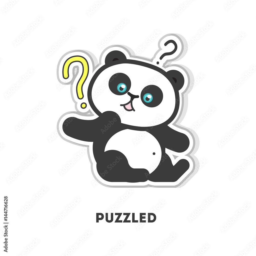 Puzzled panda sticker. Isolated cartoon sticker. Funny panda with