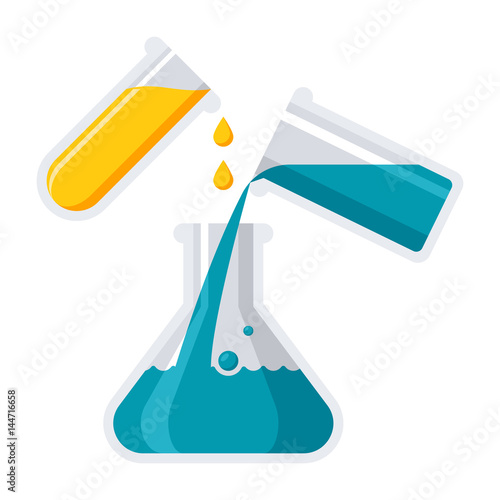 Experiment or chemistry concept with laboratory flask and test tube, vector illustration in flat style