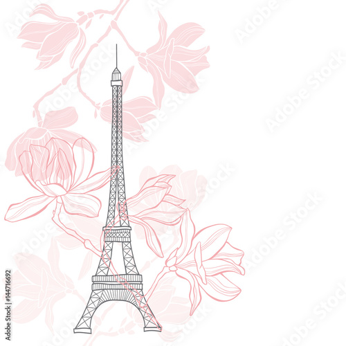 Spring in Paris. Vector illustration with Eiffel tower and blooming magnolia on a white background.