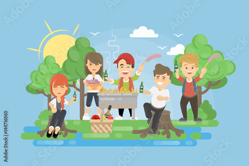 Picnic with BBQ. People having fun and cooking meat and vegetables.