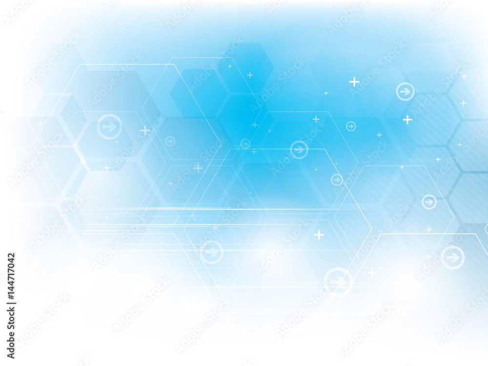 Abstract vector technology blue background with hexagons.