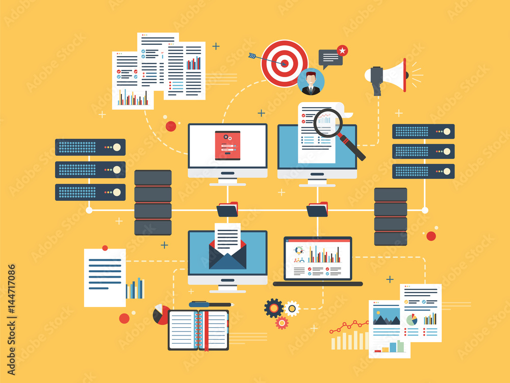 Computers and laptop accessing server files in network computers. Concepts cloud computing devices, data network and business intelligence. Flat vector illustration. Computers and laptop accessing server files in network computers. Concepts cloud computing devices, data network and business intelligence. Flat vector illustration.